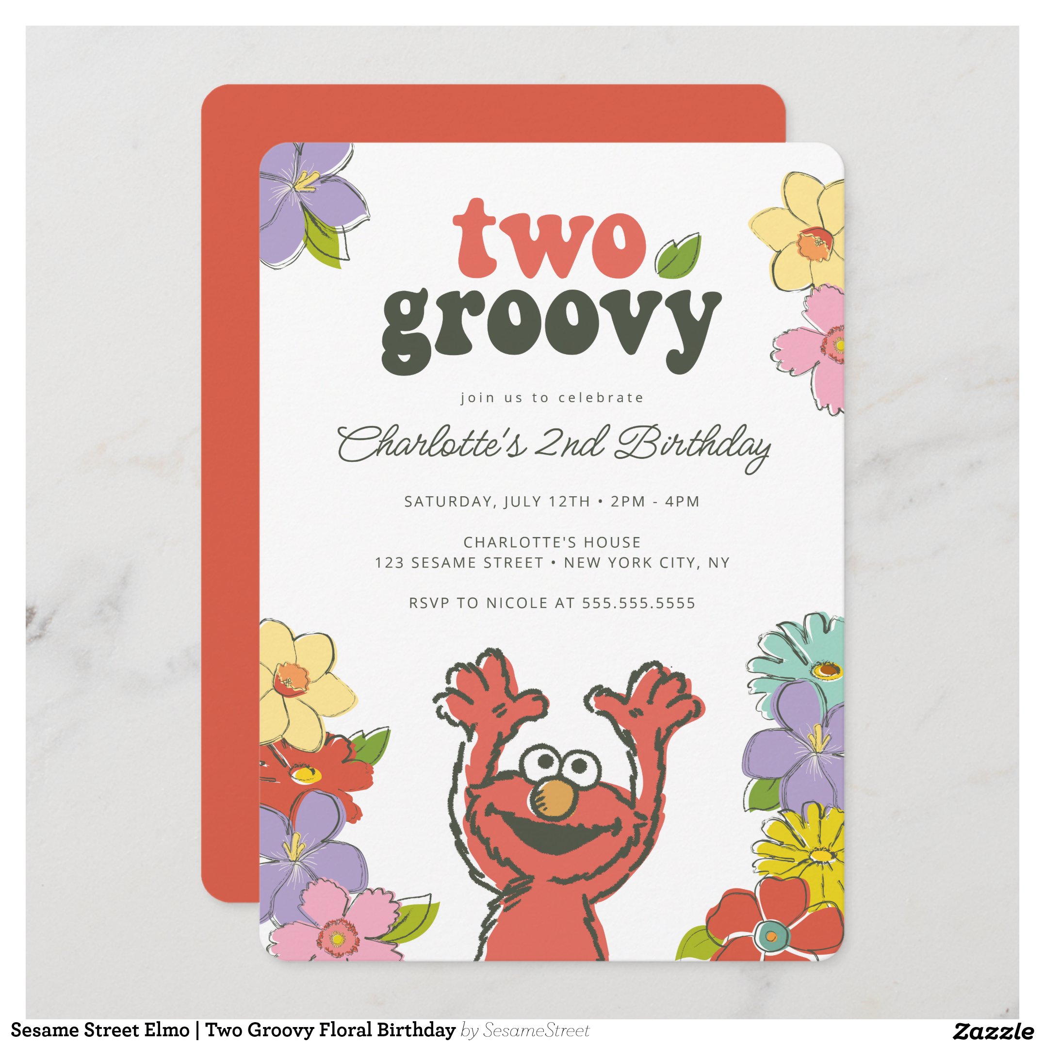 Sesame Street Elmo Two Groovy Floral Birthday Invitation