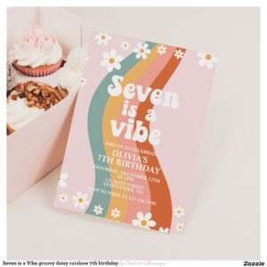 Seven is a Vibe groovy daisy rainbow 7th birthday Invitation