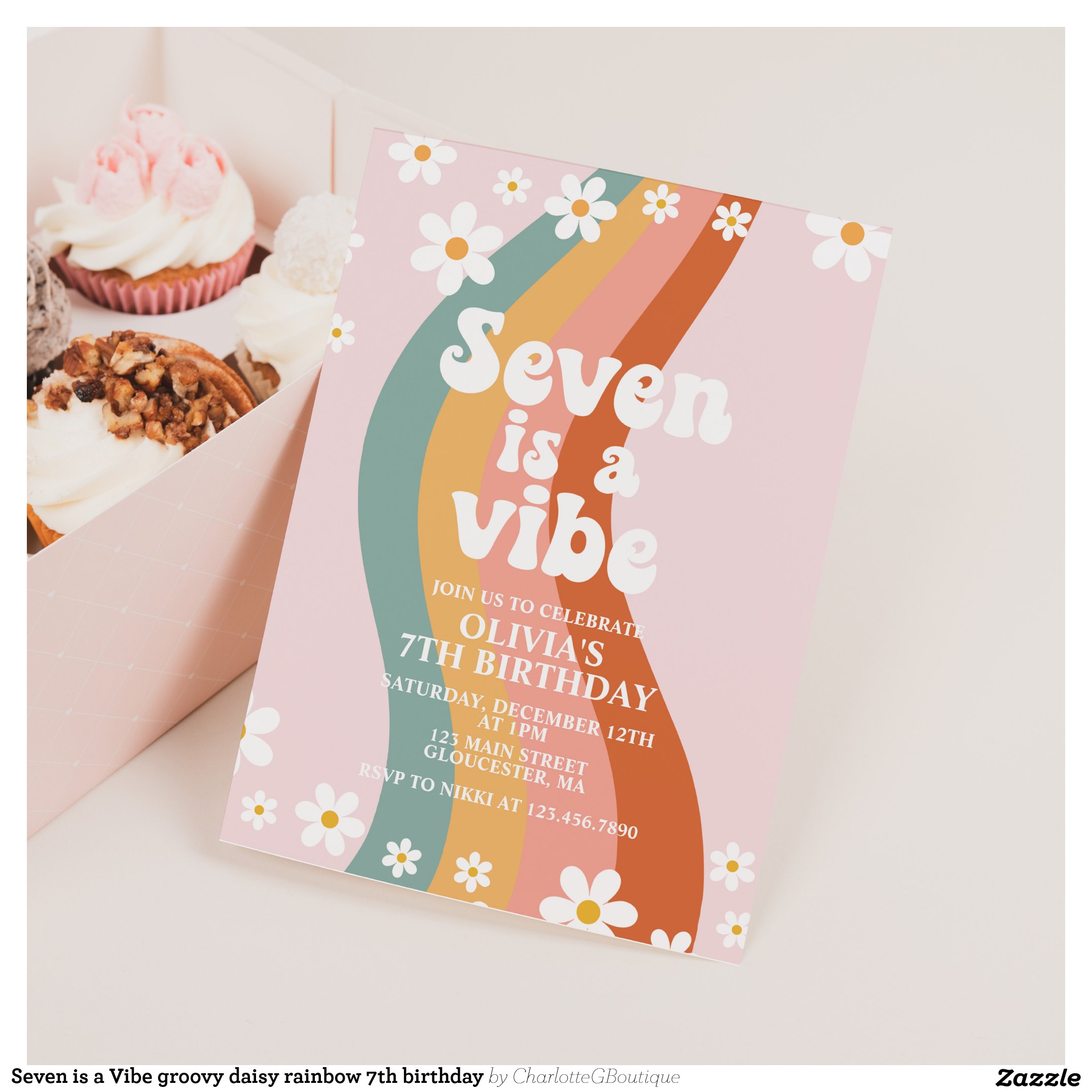 Seven is a Vibe groovy daisy rainbow 7th birthday Invitation