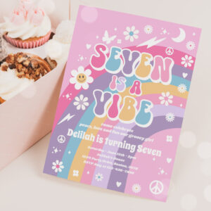 Seven Is A Vibe Groovy Hippie Rainbow 7th Birthday Invitation