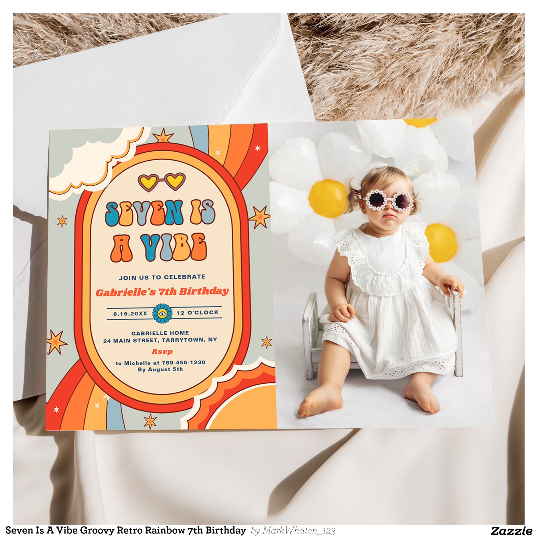 Seven Is A Vibe Groovy Retro Rainbow 7th Birthday Invitation