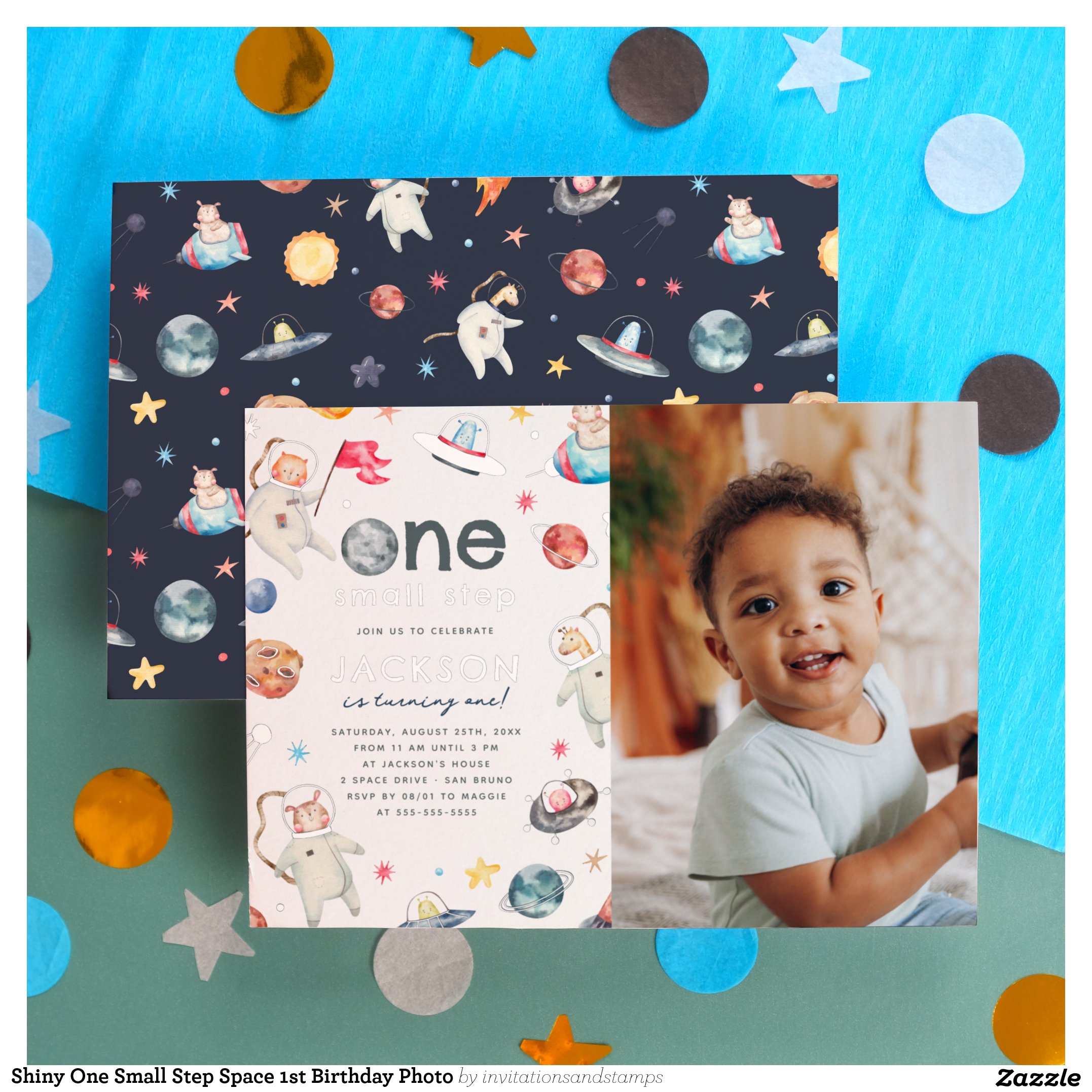 Shiny One Small Step Space 1st Birthday Photo Foil Invitation
