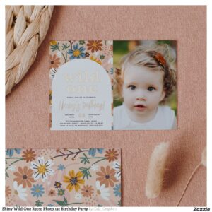 Shiny Wild One Retro Photo 1st Birthday Party Foil Invitation