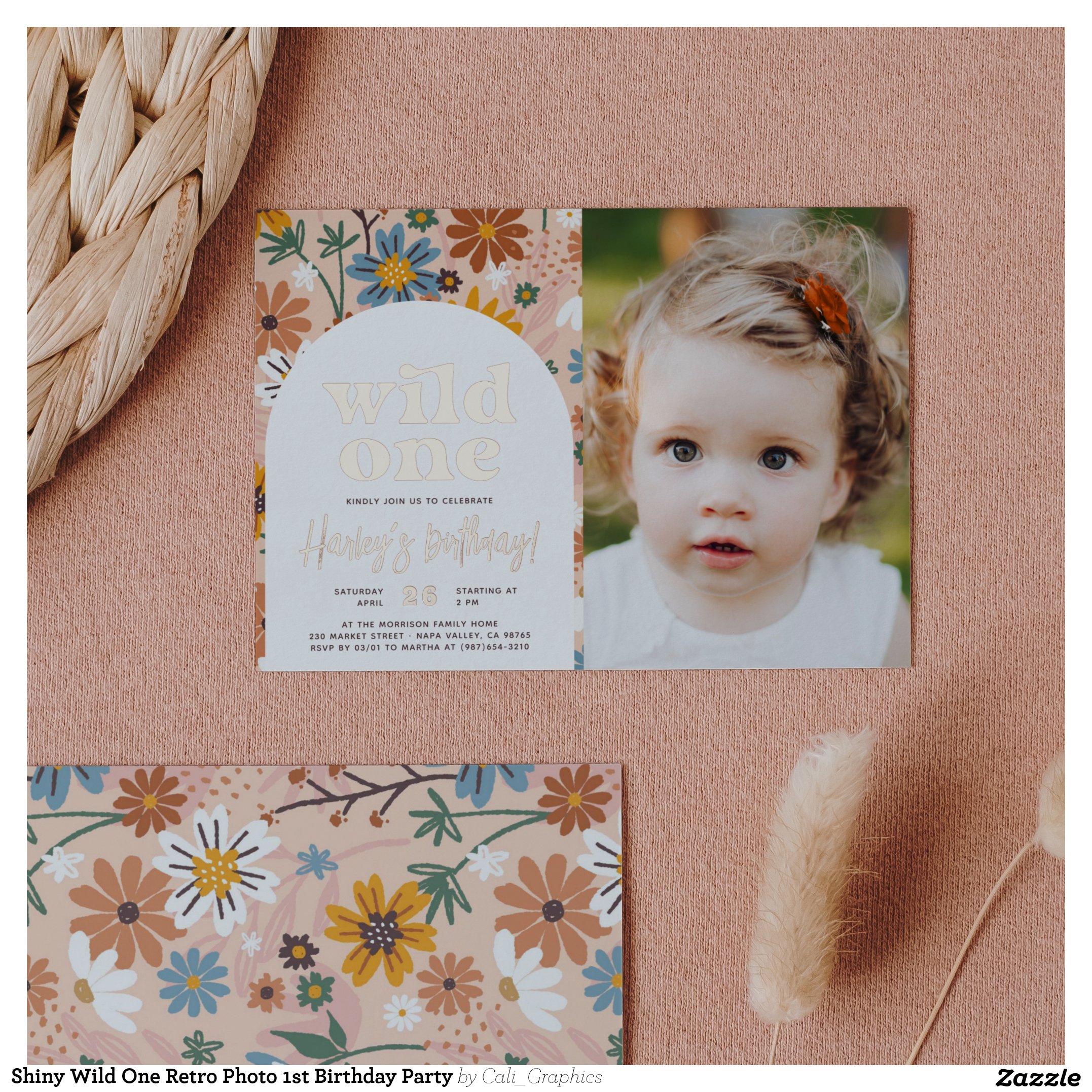 Shiny Wild One Retro Photo 1st Birthday Party Foil Invitation