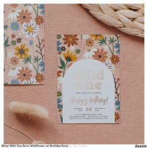 Shiny Wild One Retro Wildflower 1st Birthday Party Foil Invitation