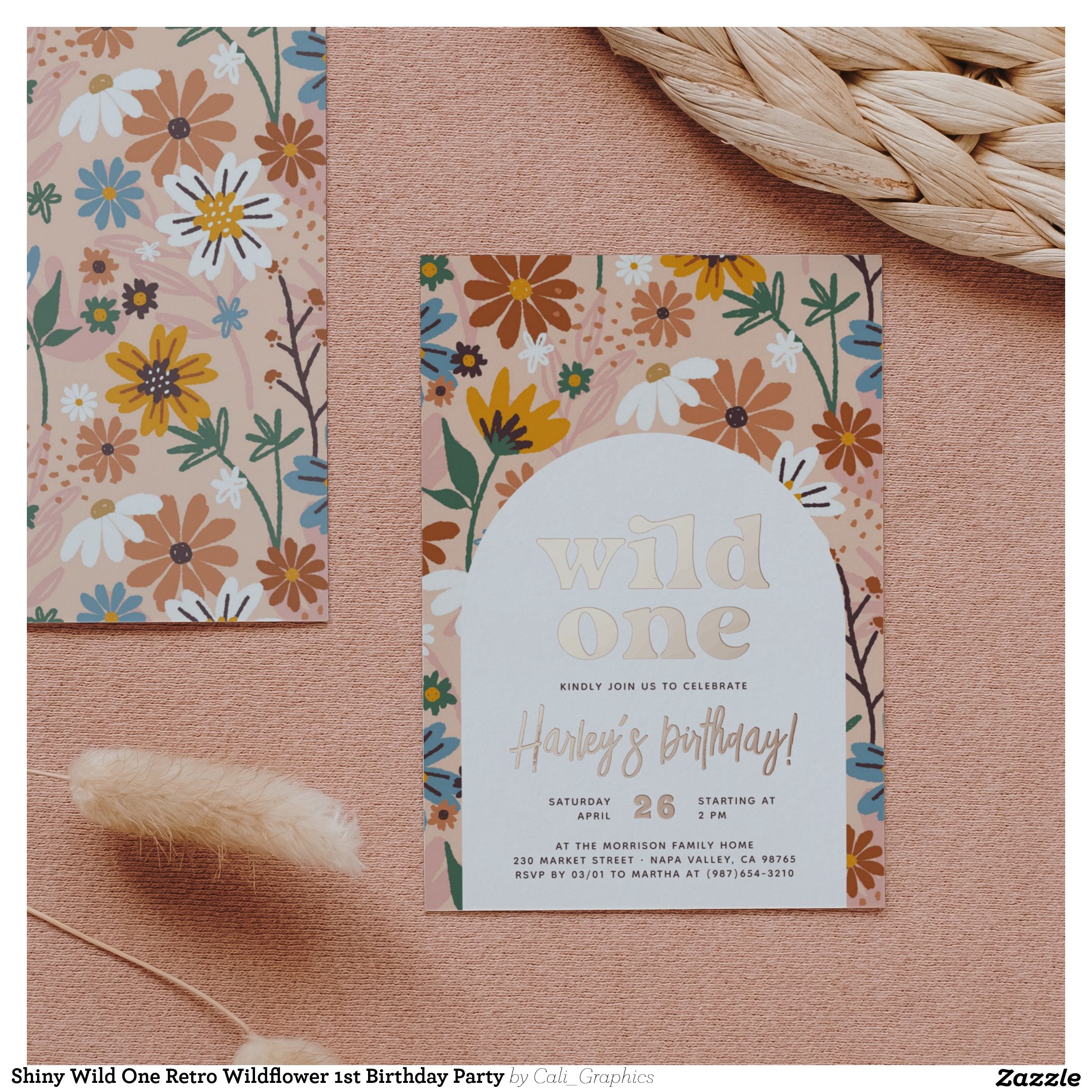 Shiny Wild One Retro Wildflower 1st Birthday Party Foil Invitation