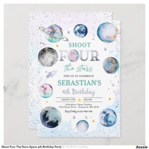 Shoot Four The Stars Space 4th Birthday Party Invitation