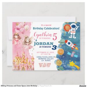 Sibling Princess and Outer Space Joint Birthday Invitation