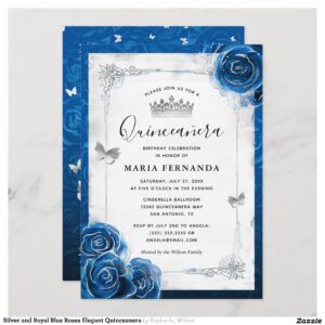 Silver and Royal Blue Roses Elegant Quinceanera Invitation