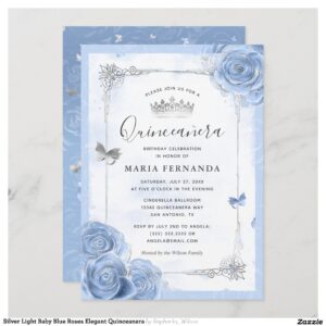 Silver Light Baby Blue Roses Elegant Quinceanera Invitation