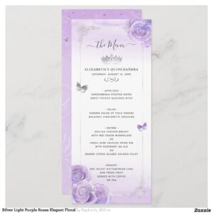 Silver Light Purple Roses Elegant Floral Menu
