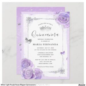 Silver Light Purple Roses Elegant Quinceanera Invitation