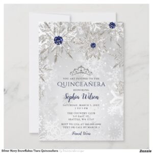 Silver Navy Snowflakes Tiara Quincea?era Invitation