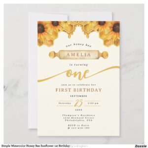 Simple Watercolor Honey Bee Sunflower 1st Birthday Invitation