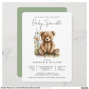 Simple Watercolor Little Teddy Bear Baby Sprinkle Invitation
