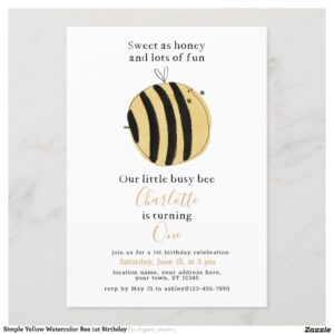 Simple Yellow Watercolor Bee 1st Birthday Invitation