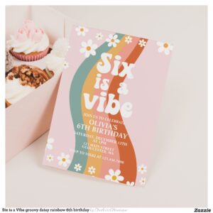 Six is a Vibe groovy daisy rainbow 6th birthday Invitation