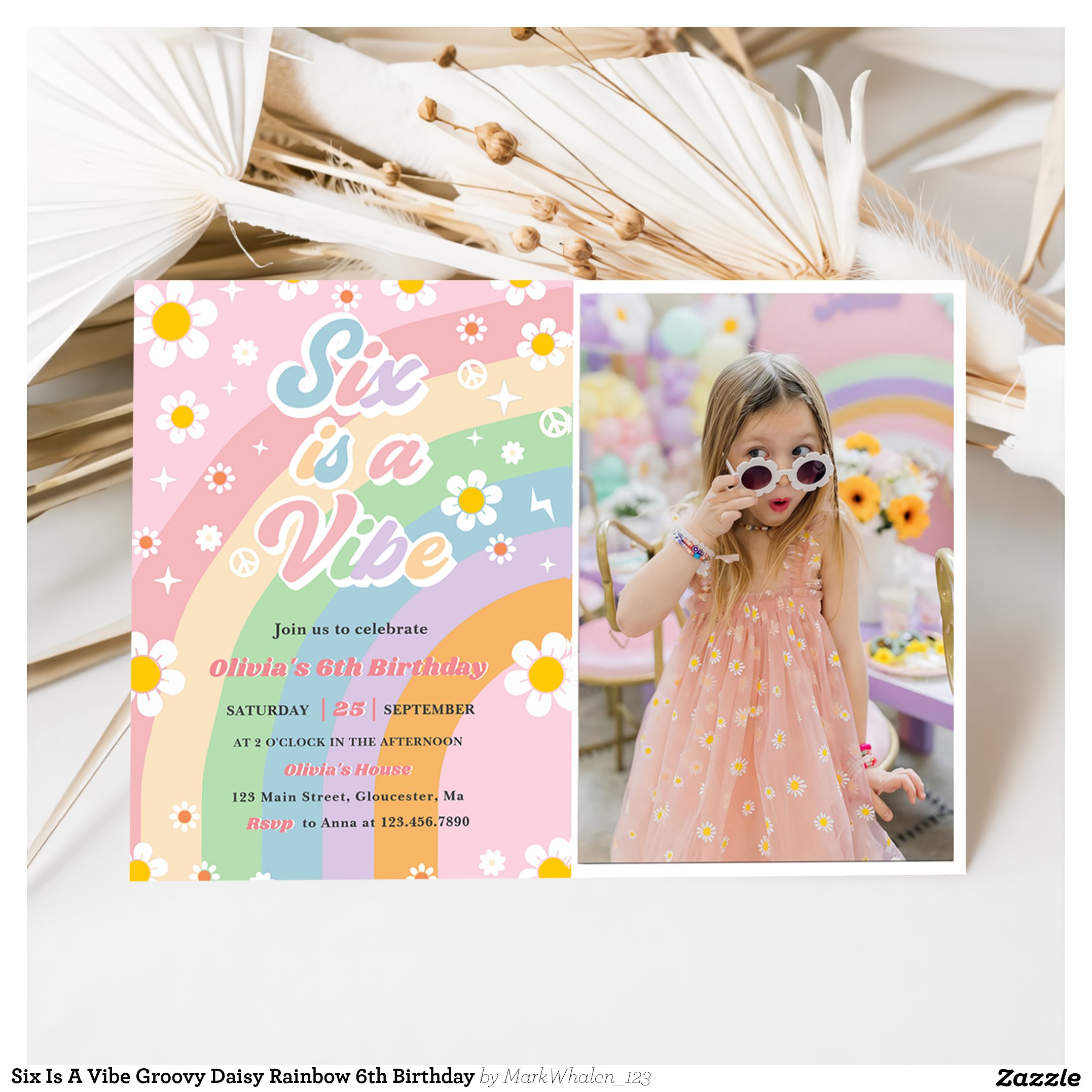 Six Is A Vibe Groovy Daisy Rainbow 6th Birthday Invitation