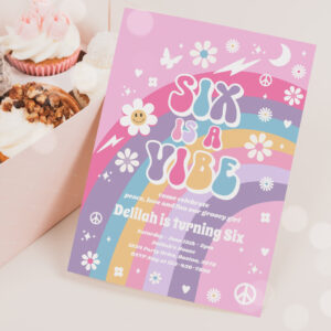 Six Is A Vibe Groovy Hippie Rainbow 6th Birthday Invitation