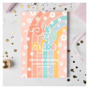 Six Is A Vibe Rainbow Daisy 6th Birthday Party Invitation