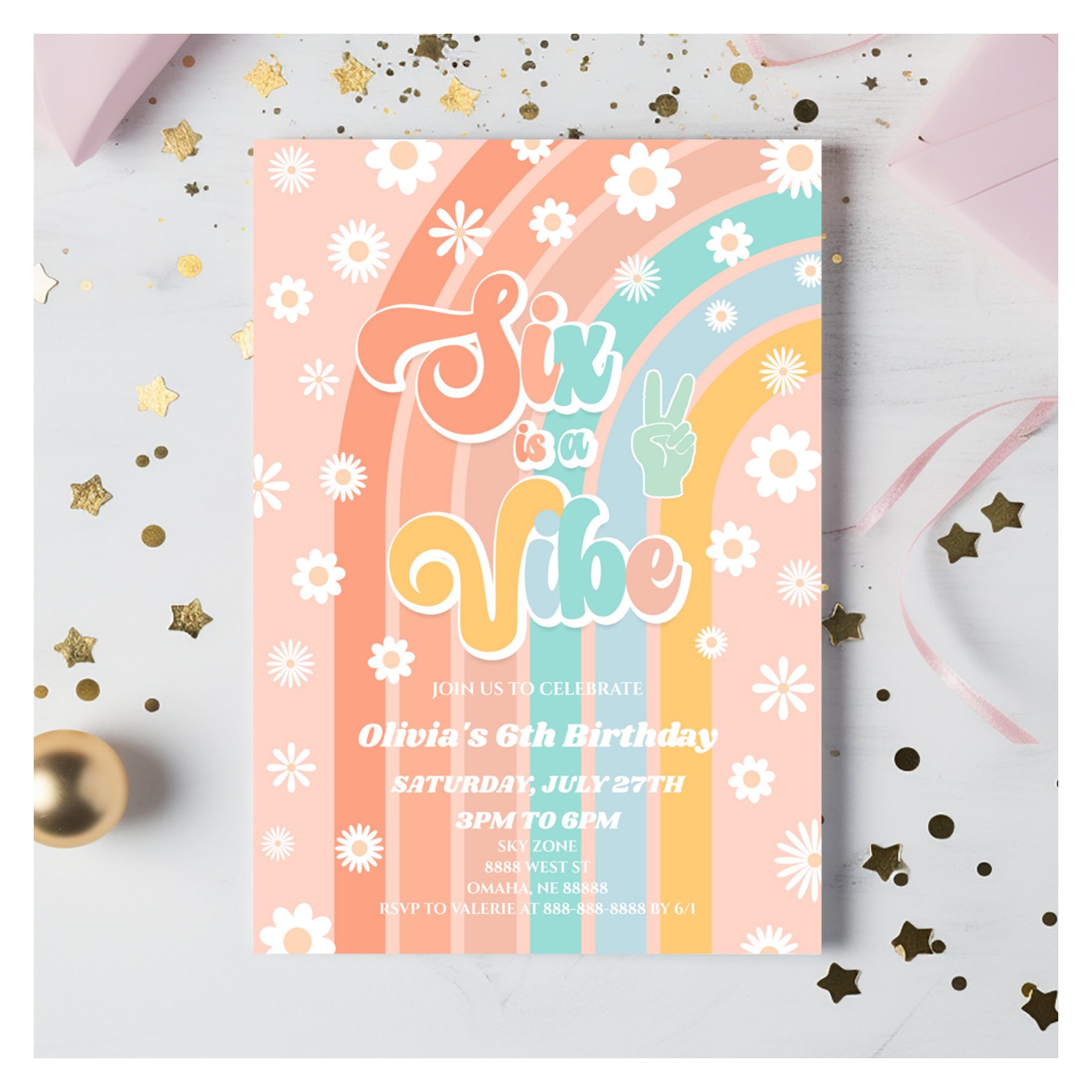 Six Is A Vibe Rainbow Daisy 6th Birthday Party Invitation