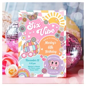 Six is a Vibe Retro Groovy Preppy Varsity Birthday Invitation