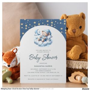 Sleeping bear cloud & stars blue boy baby shower invitation