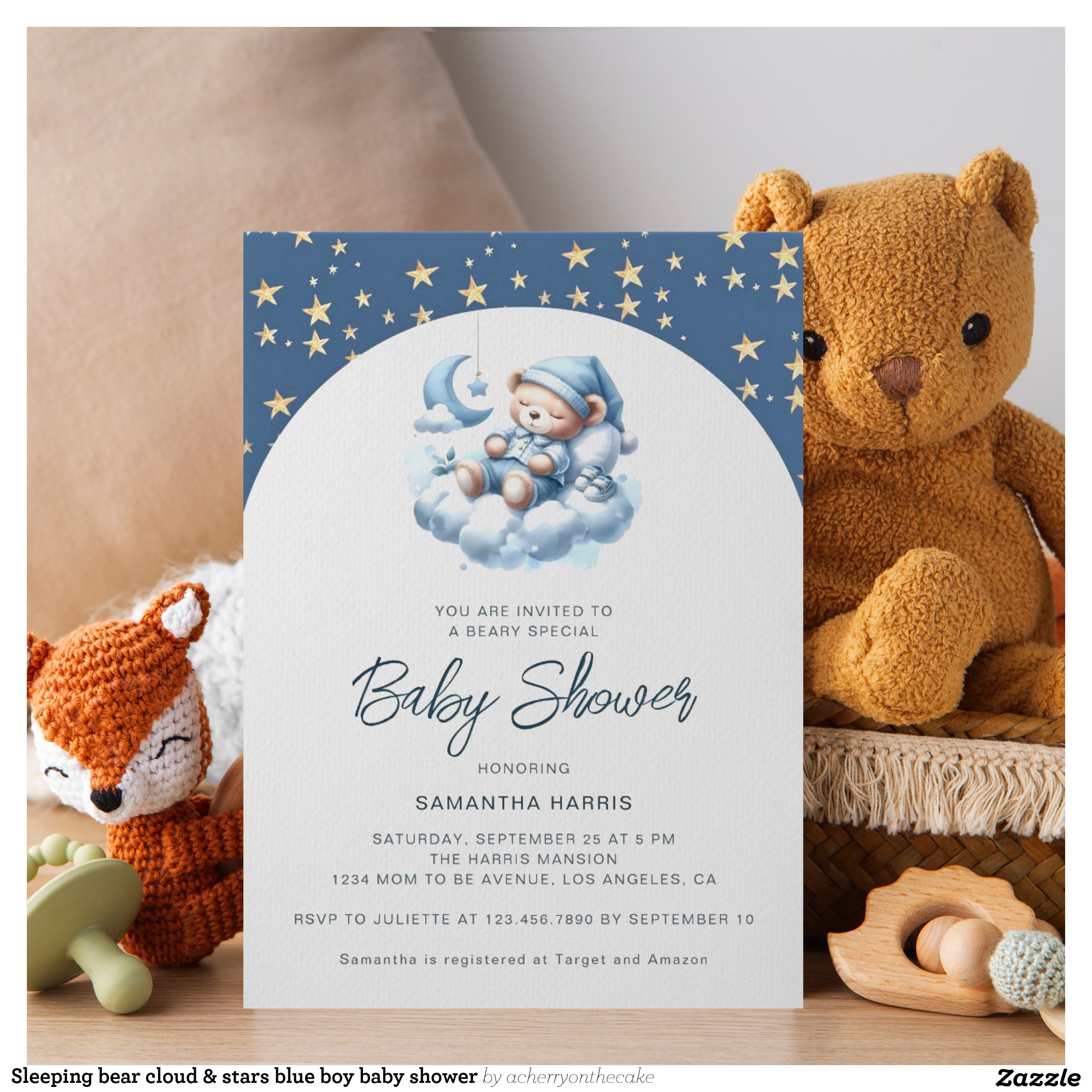Sleeping bear cloud & stars blue boy baby shower invitation