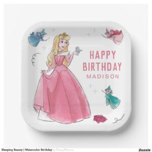 Sleeping Beauty Watercolor Birthday Paper Plates