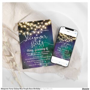 Sleepover Party Galaxy Blue Purple Stars Birthday Invitation