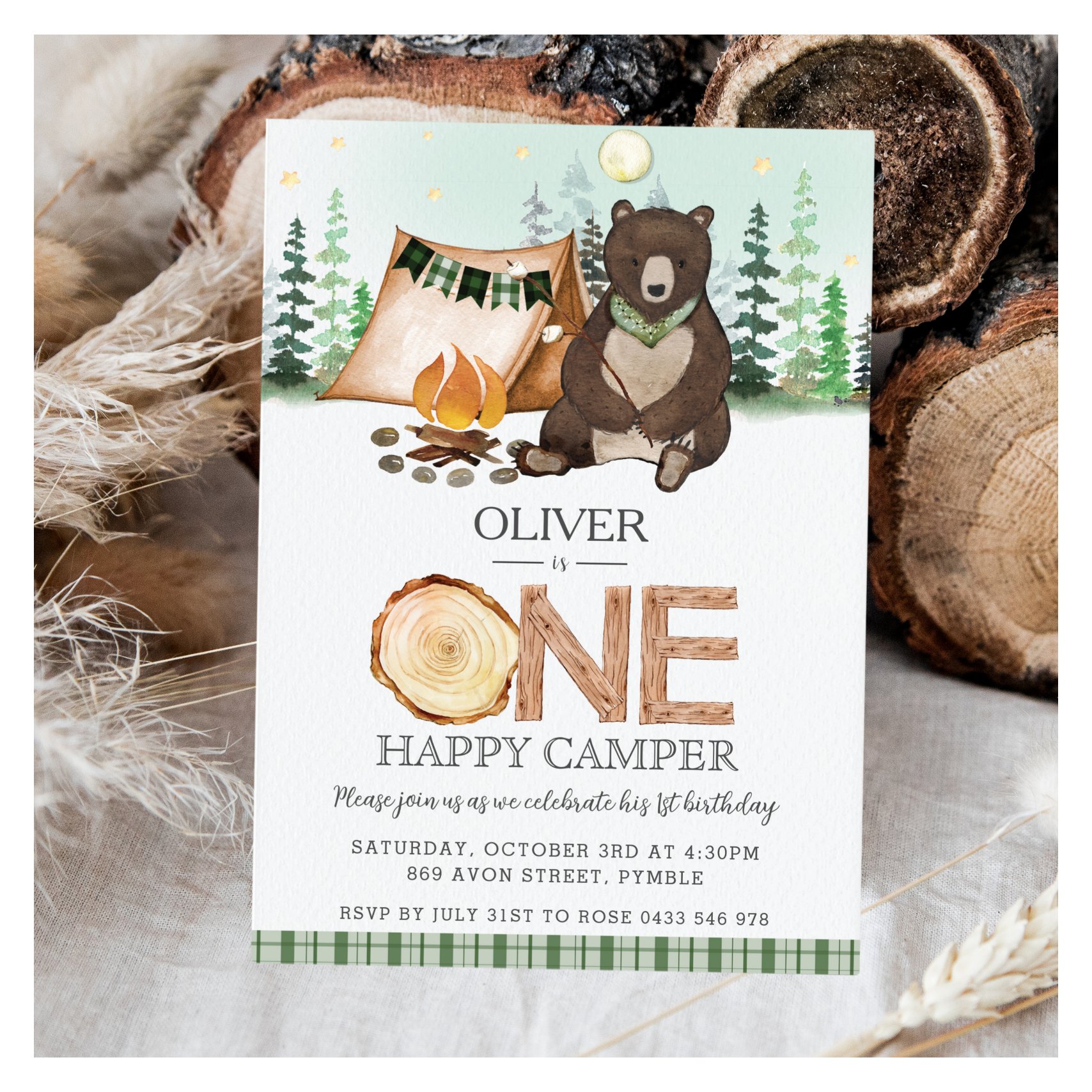 S'more Camping Bear ONE Happy Camper 1st Birthday Invitation