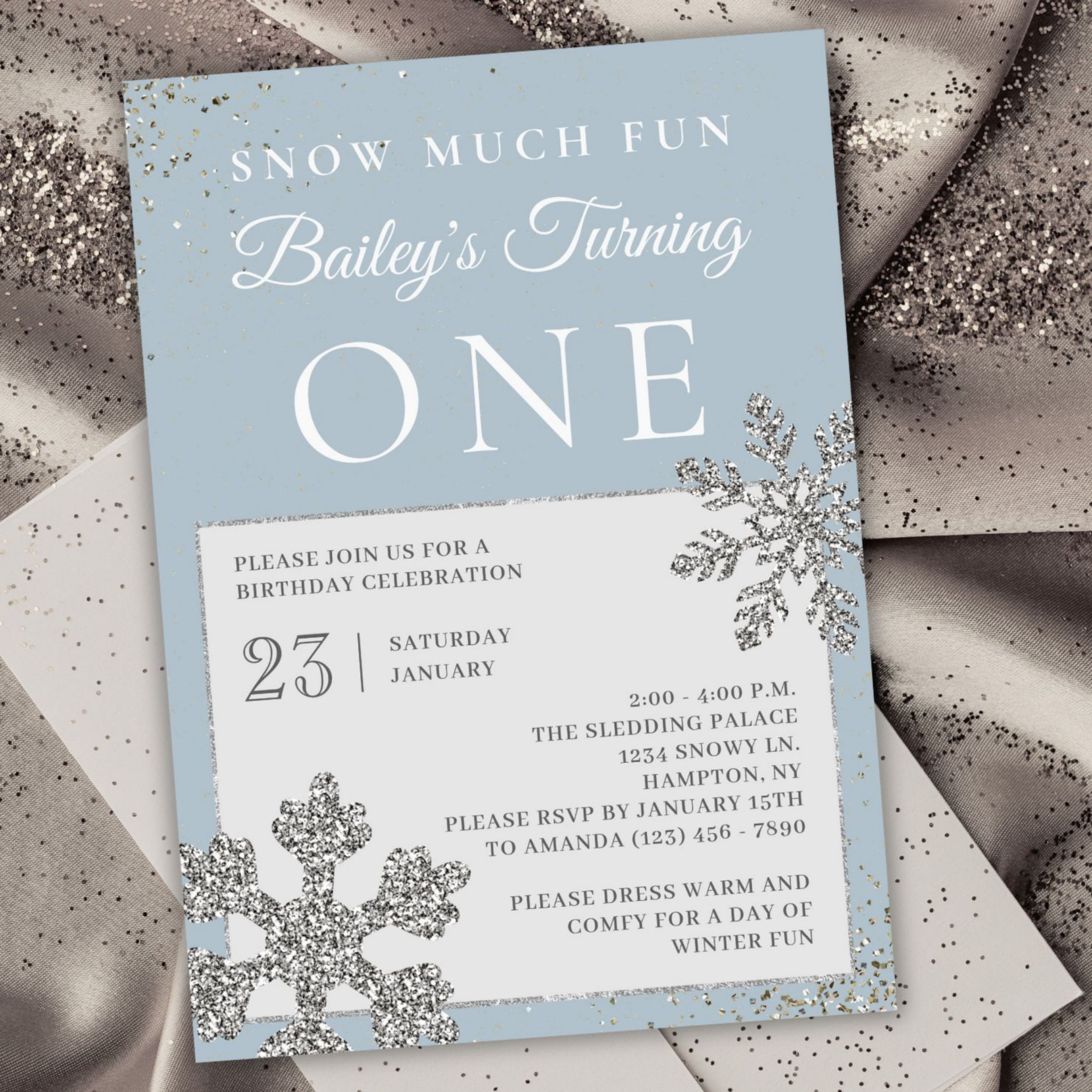 Snow Fun to be One Girl's Winter 1st Birthday Invitation