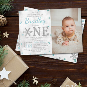 Snowflake Winter 1st Birthday Photo Invitation