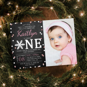 Snowflake Winter Chalkboard 1st Birthday Photo Foil Invitation