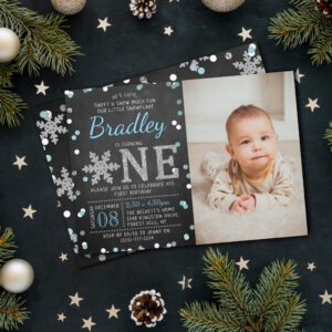 Snowflake Winter Chalkboard 1st Birthday Photo Invitation