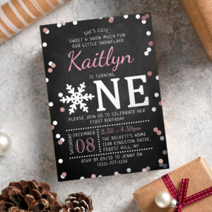 Snowflake Winter Chalkboard 1st Birthday Real Foil Invitation