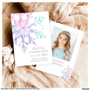 Snowflake Winter Wonderland Pink Girl Birthday Invitation