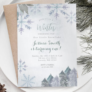 Snowflakes Misty Winter Onederland Birthday Invitation