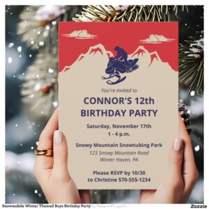 Snowmobile Winter Themed Boys Birthday Party Invitation