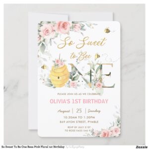 So Sweet To Be One Bees Pink Floral 1st Birthday Invitation