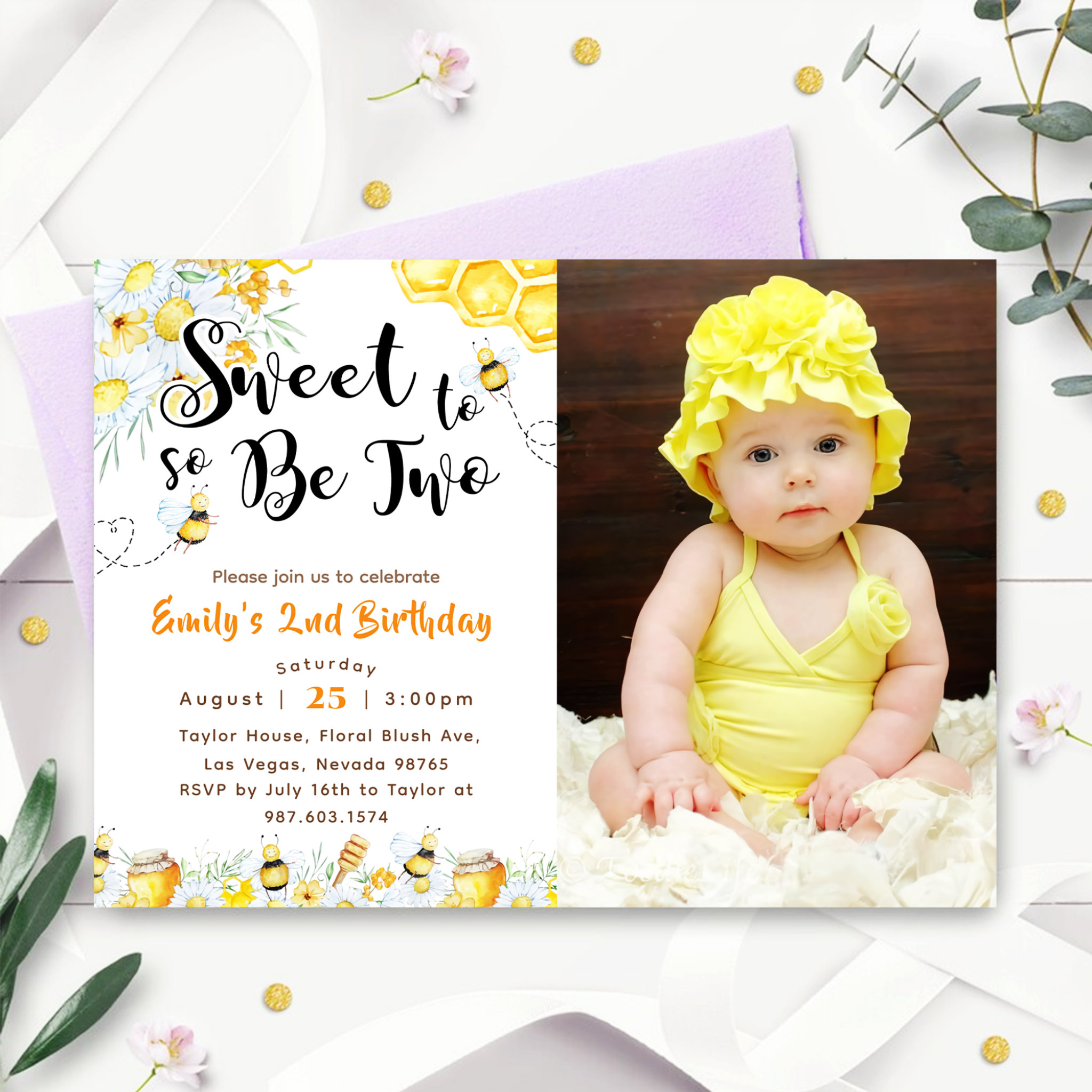 So Sweet To Be Two 2nd Birthday Photo Invitation