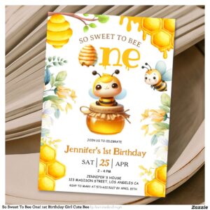 So Sweet To Bee One! 1st Birthday Girl Cute Bee Invitation