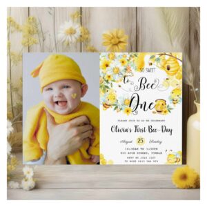 So Sweet to Bee One Cute Bees 1st Birthday Photo Invitation