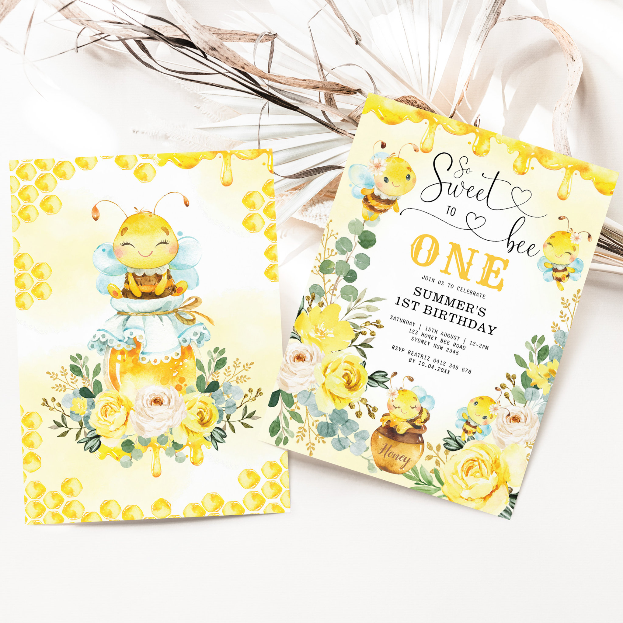 So Sweet to Bee One Honeycomb Bee Birthday Party Invitation