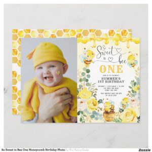 So Sweet to Bee One Honeycomb Birthday Photo Invitation
