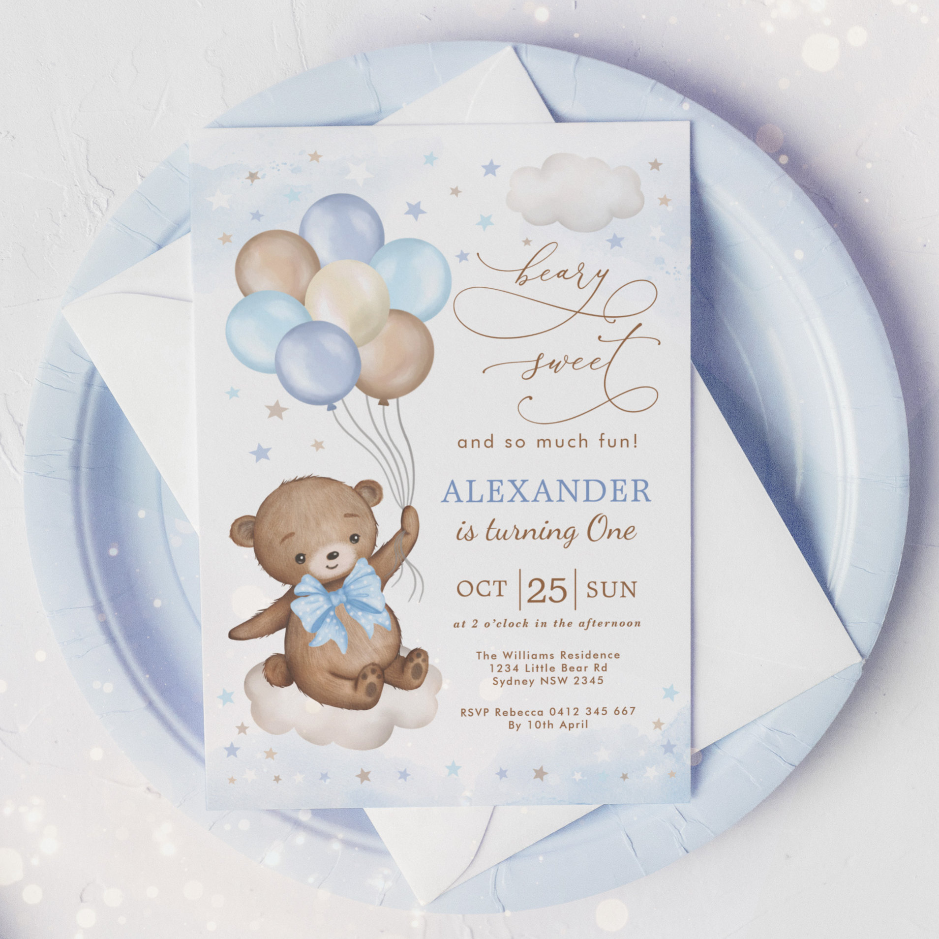 Soft Blue Teddy Bear Balloons Birthday Boy Party Invitation