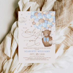 Soft Blue Teddy Bear Hot Air Balloon Baby Shower Invitation