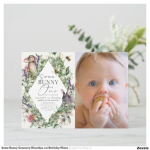 Some Bunny Greenery Rhombus 1st Birthday Photo Invitation