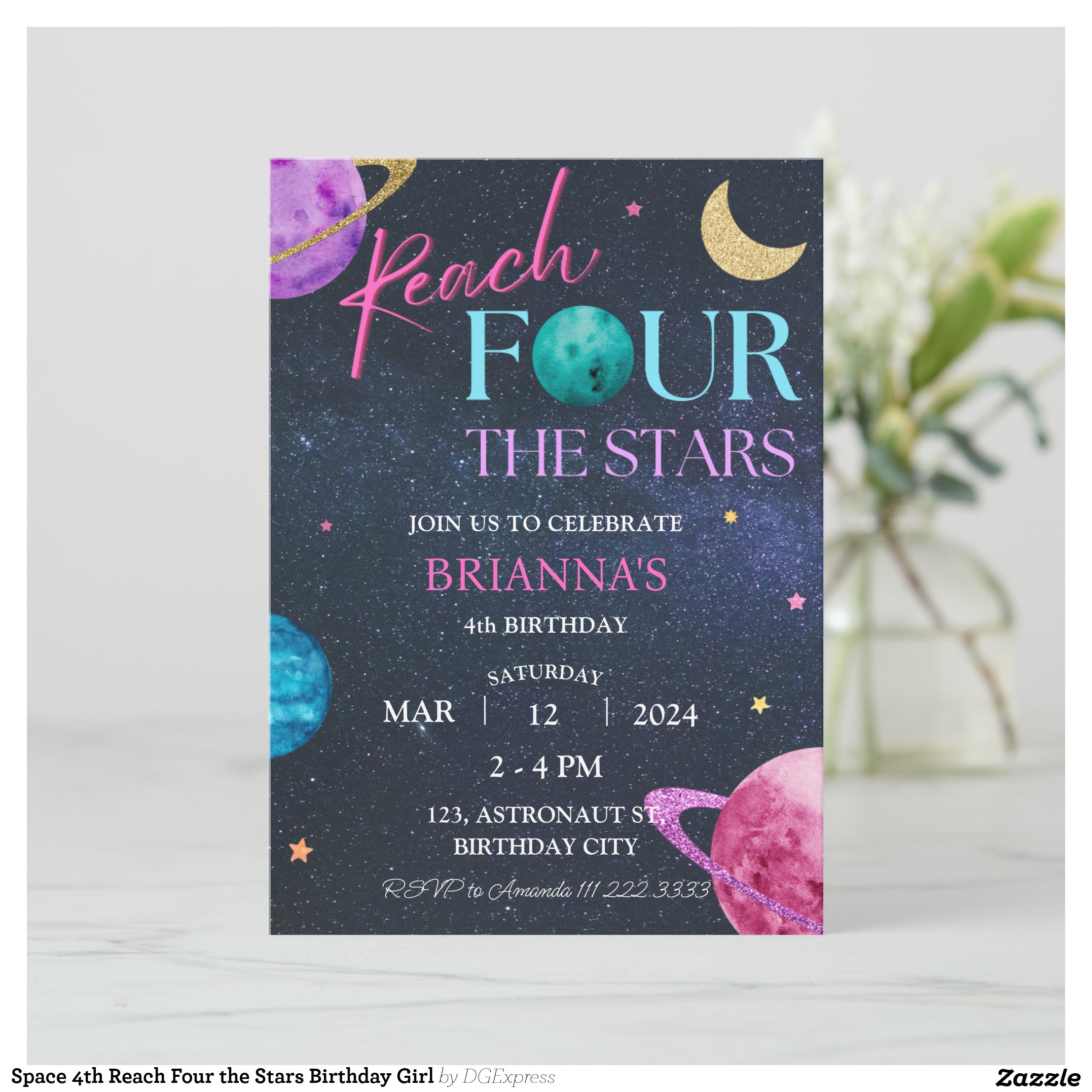 Space 4th Reach Four the Stars Birthday Girl Invitation
