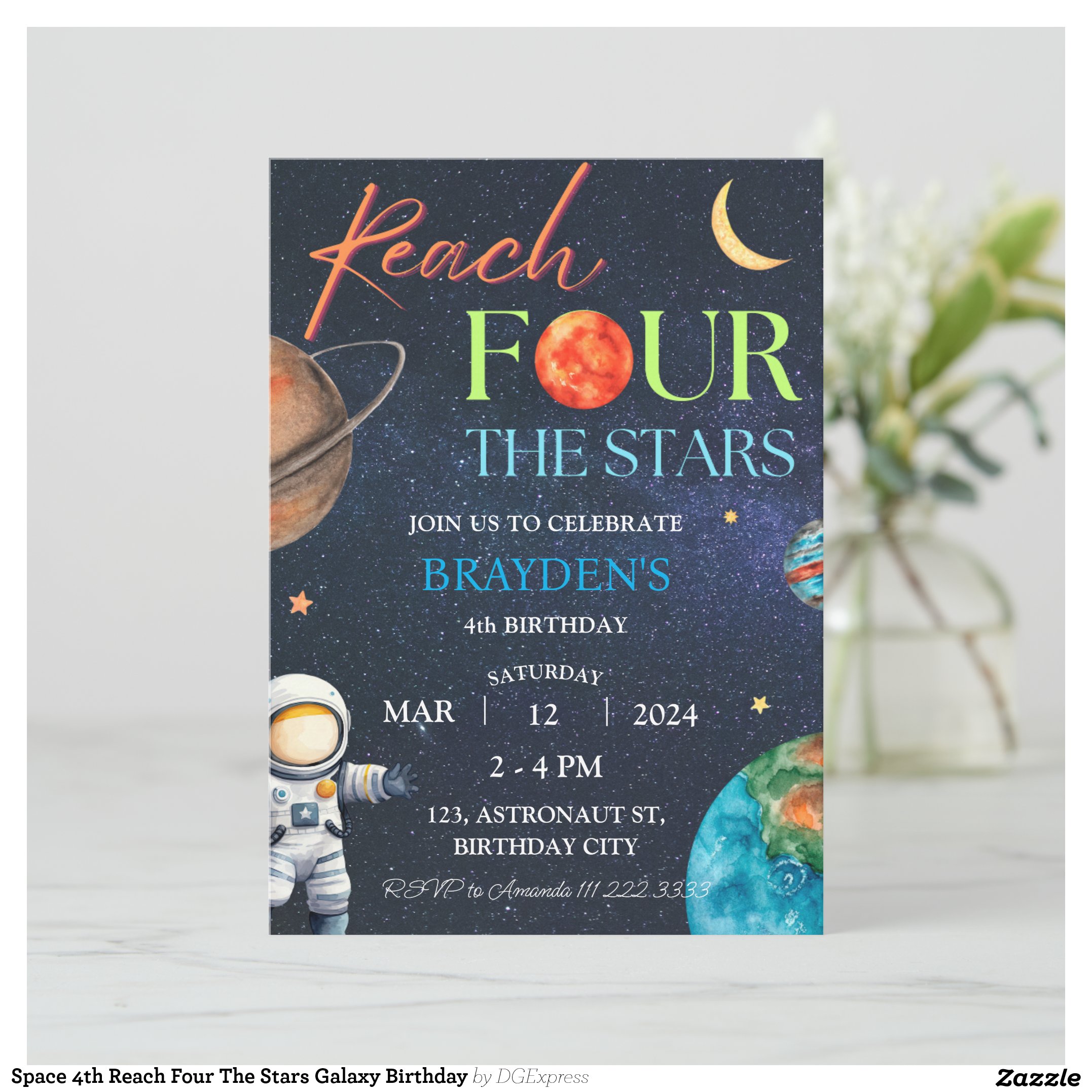 Space 4th Reach Four The Stars Galaxy Birthday Invitation